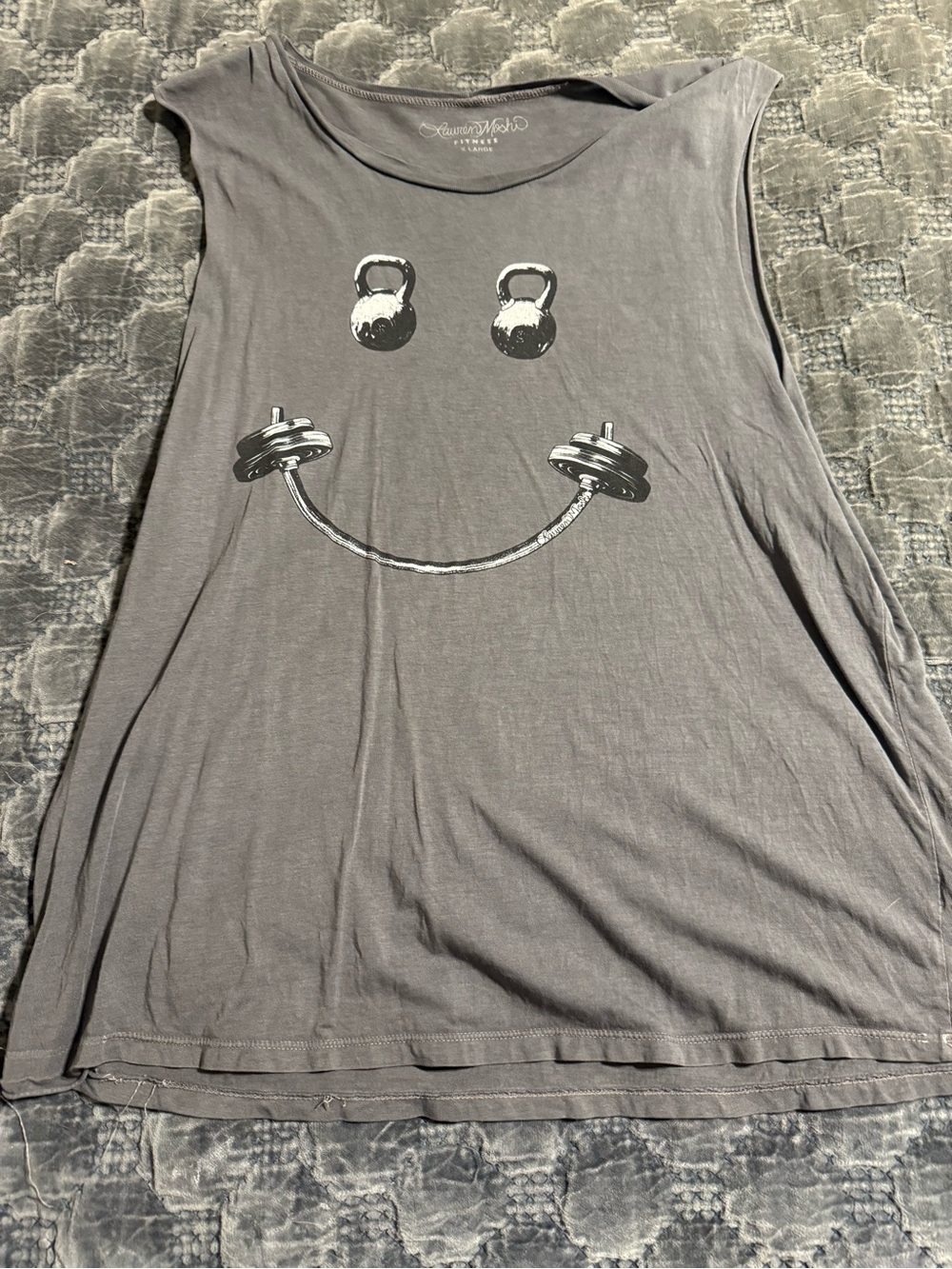 Lauren Moshi Gray Muscle Tee with Weight-Smiley Graphic XL